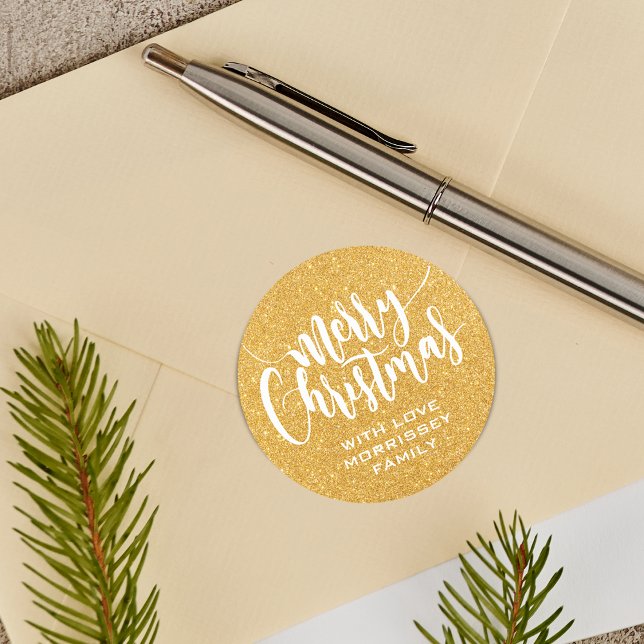 Sticker Rond Parties scintillant d'or Imprimer Joyeux Noël Pers (Gold Glitter Print Merry Christmas Personalized Classic Round Sticker)