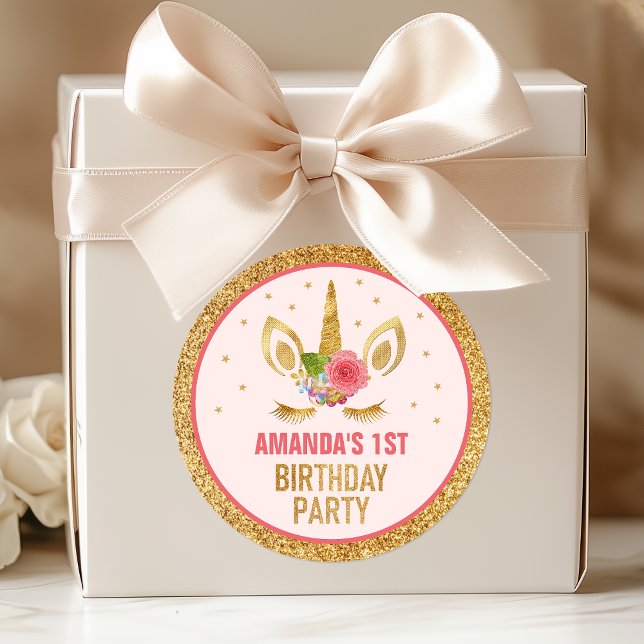 Sticker Rond Parties scintillant d'or magique Unicorn Visage An (Créateur téléchargé)