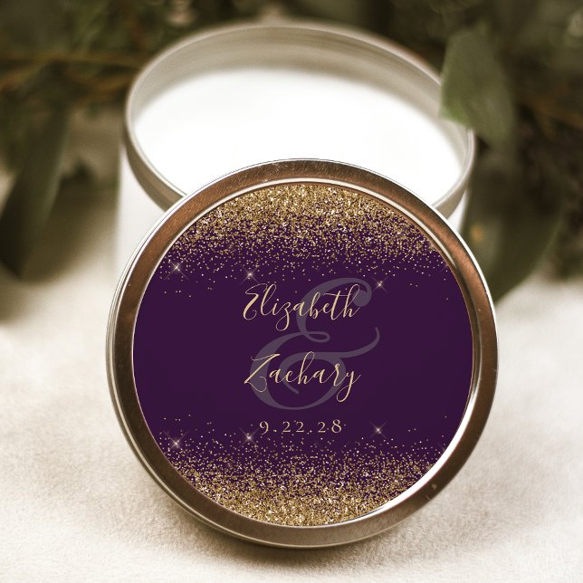 Sticker Rond Parties scintillant d'or Mariage violet Script (Créateur téléchargé)