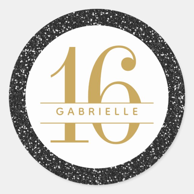 Sticker Rond Parties scintillant d'or noir Anniversaire Faveur  (Devant)