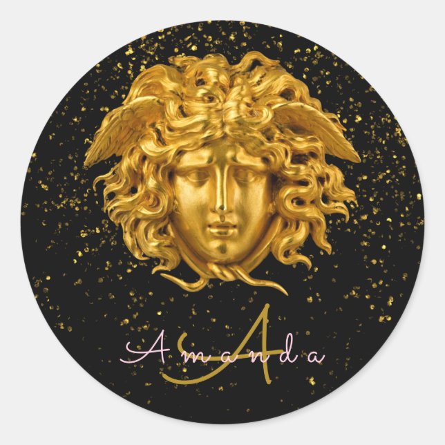 Sticker Rond Parties scintillant d'or noir Medusa Script Haute  (Devant)