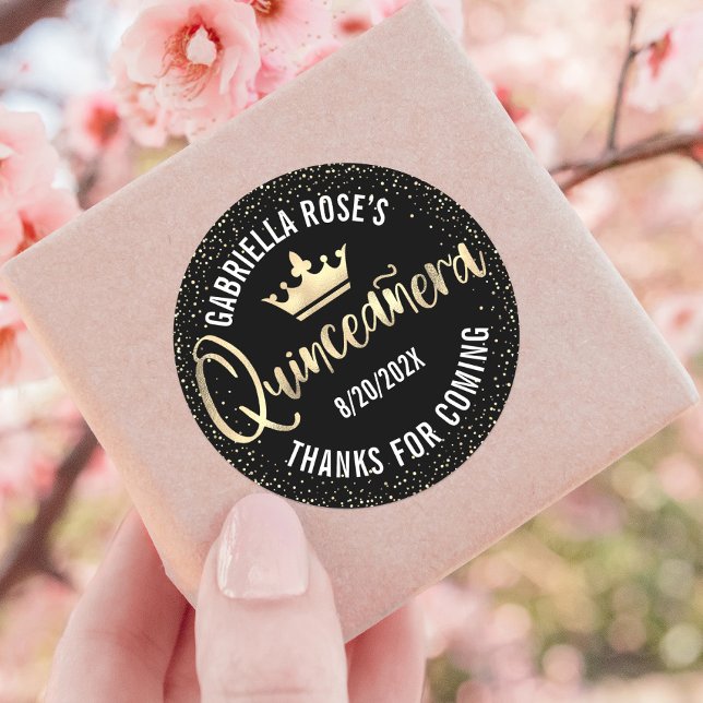 Sticker Rond Parties scintillant d'or noir Quinceañera Couronne (Créateur téléchargé)