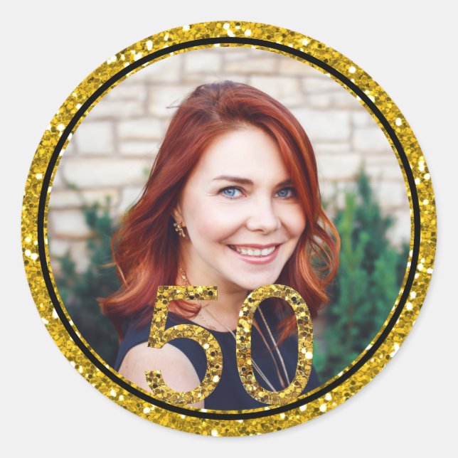 Sticker Rond Parties scintillant d'or Photo 50e anniversaire de (Devant)