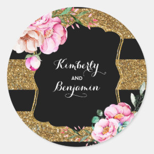 Sticker Rond Parties scintillant d'or rayures et fleurs roses V