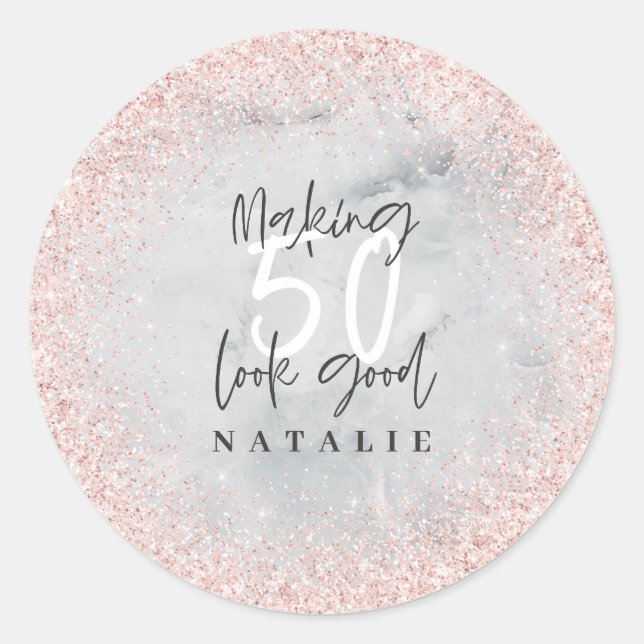 Sticker Rond parties scintillant d'or rose 50e anniversaire mer (Devant)