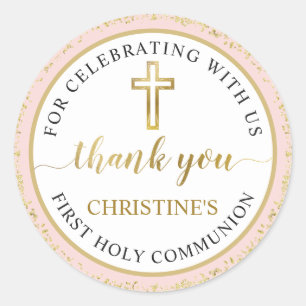 Sticker Rond Parties scintillant d'or rose première communion s