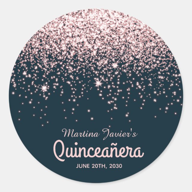 Sticker Rond Parties scintillant d'or rose Quinceañera rose 15e (Devant)