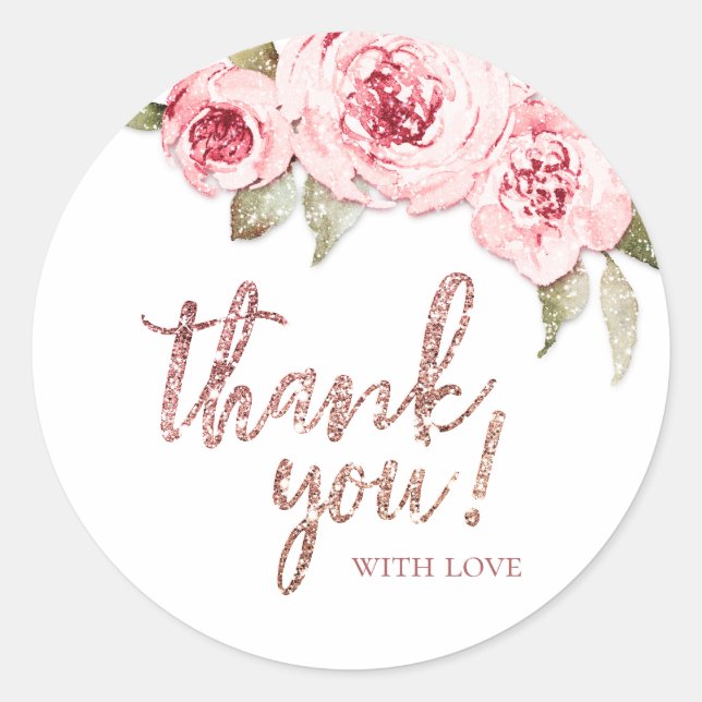 Sticker Rond parties scintillant d'or rose rose floral merci (Devant)