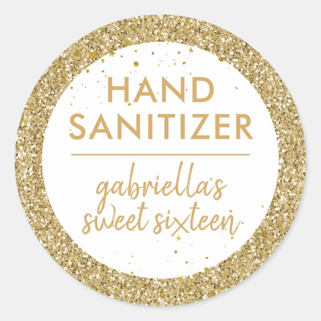 Sticker Rond Parties scintillant d'or Sanitizer main Favoriser  (Devant)