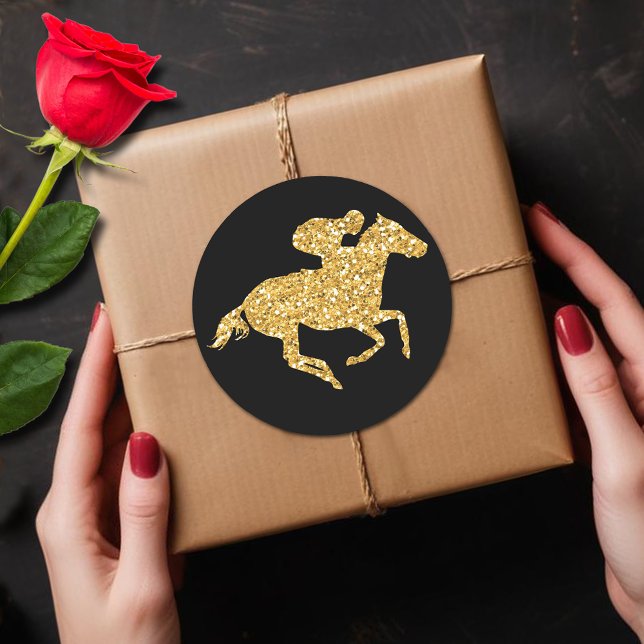 Sticker Rond Parties scintillant d'or sur Black Derby Party (Gold faux glitter racehorse Derby party round black stickers 3" (smaller size available, too.))