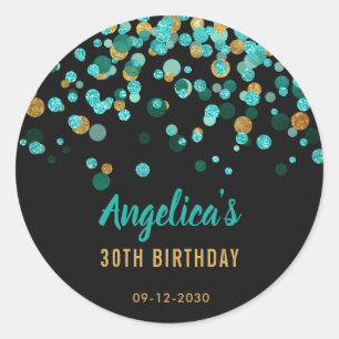 Sticker Rond Parties scintillant d'or turquoise Confetti Noir A