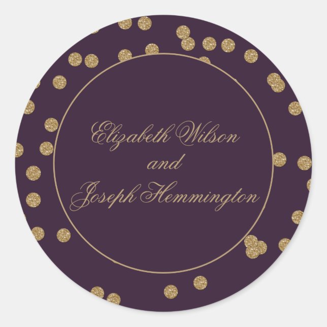 Sticker Rond Parties scintillant d'or violet Confetti Mariage é (Devant)