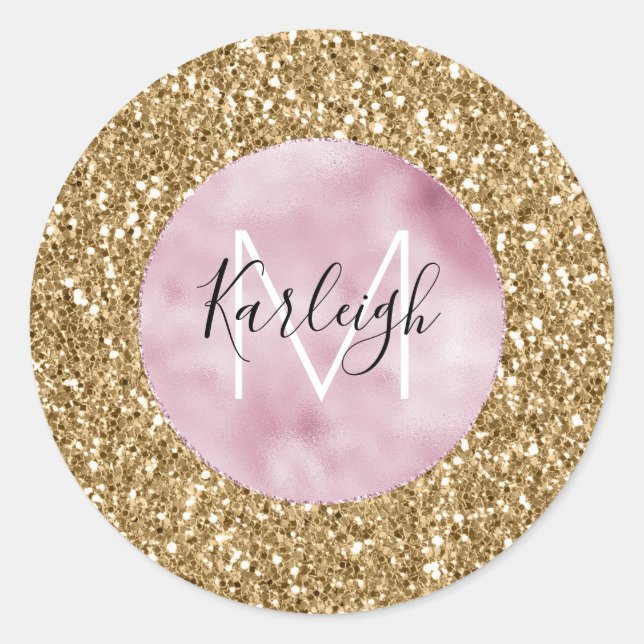 Sticker Rond Parties scintillant dorée rose brillant Monogramme (Devant)