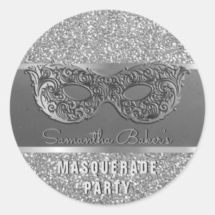 Sticker Rond Parties scintillant en argent Masquerade Party Gla