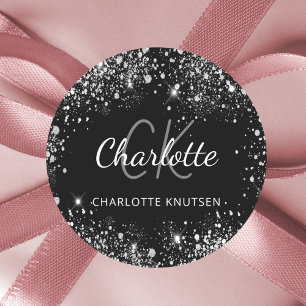 Sticker Rond Parties scintillant en argent noir monogramme nom 