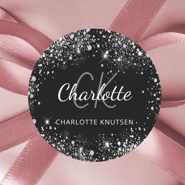 Sticker Rond Parties scintillant en argent noir monogramme nom  (Créateur téléchargé)