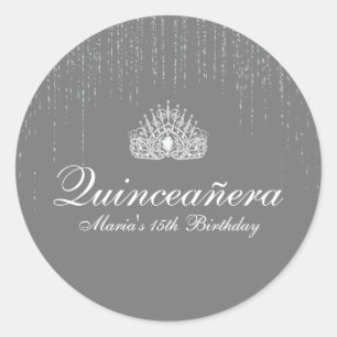 Sticker Rond Parties scintillant en argent Quinceanera