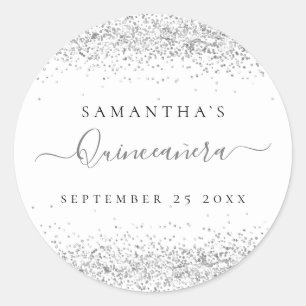 Sticker Rond Parties scintillant en argent Quinceañera Nom Date
