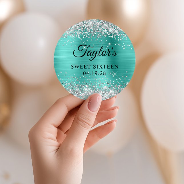 Sticker Rond Parties scintillant en argent Turquoise Sweet sixt (Silver Glitter Turquoise Foil Sweet Sixteen Classic Round Sticker)