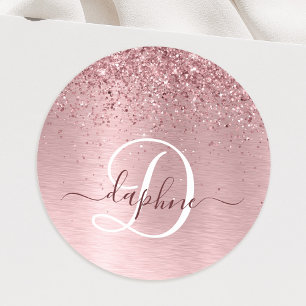 Sticker Rond Parties scintillant en métal brossé rose pâle Nom