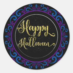Sticker Rond Parties scintillant en or bleu violet sur Hallowee