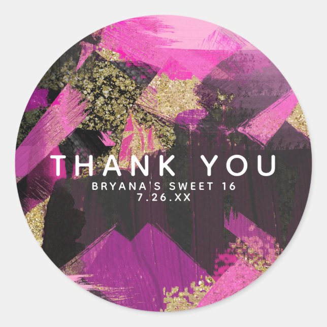 Sticker Rond Parties scintillant en or noir rose Brush moderne  (Devant)