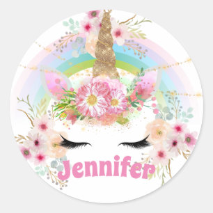 Sticker Rond Parties scintillant en or rose Unicorne Fleurs Vis