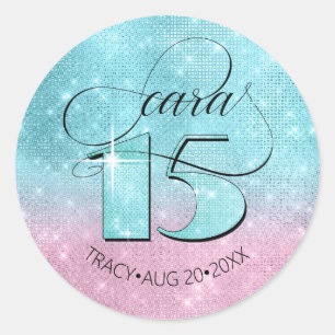 Sticker Rond Parties scintillant et brillant Quinceanera Turquo