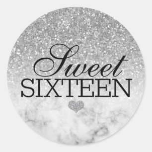 Sticker Rond Parties scintillant Faux Argent/Marbre Sweet 16