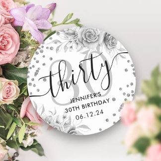 Sticker Rond Parties scintillant florale d'argent 30e anniversa