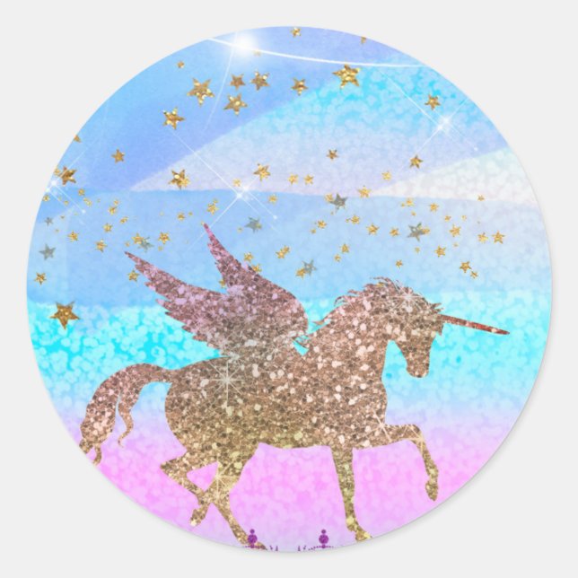 Sticker Rond Parties scintillant Flying Unicorn Magique Anniver (Devant)
