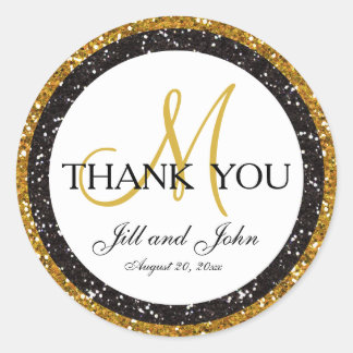 Sticker Rond Parties scintillant Gold Black Merci Mariage Favor