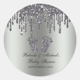 Sticker Rond Parties scintillant goutte argent bébé pieds Baby