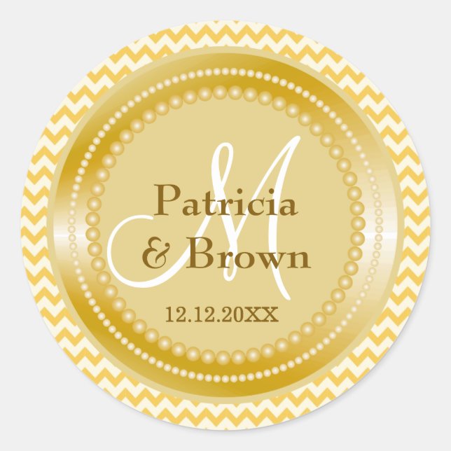 Sticker Rond Parties scintillant Jaune Or Zig Zag Chevron Monog (Devant)
