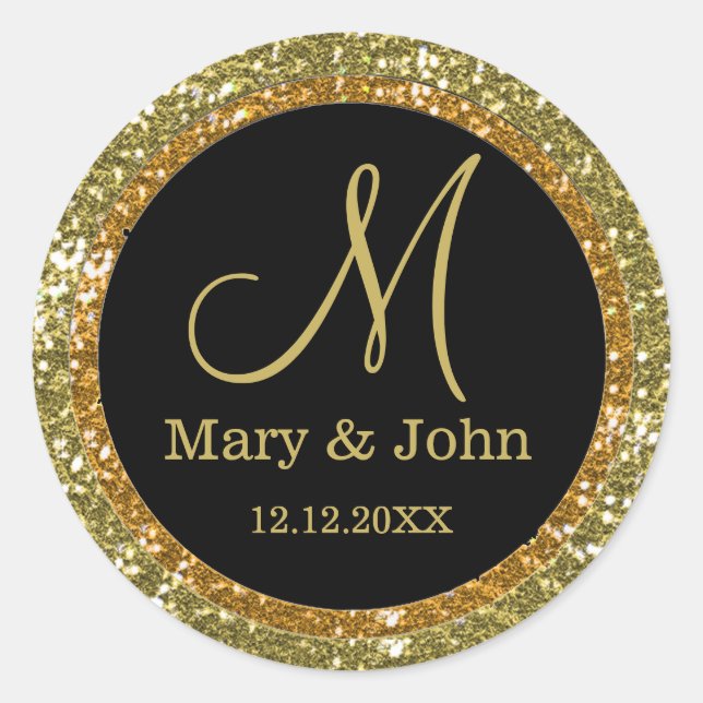 Sticker Rond Parties scintillant Mariage or Monogrammes sceaux (Devant)