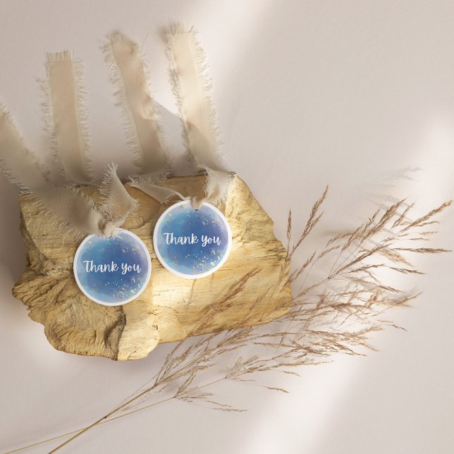 Sticker Rond Parties scintillant Merci bleu Dreamy Mariage (Wedding Elegant blue thank you sticker)