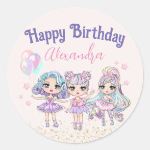 Sticker Rond Parties scintillant mignonne Dolls Fête d'annivers