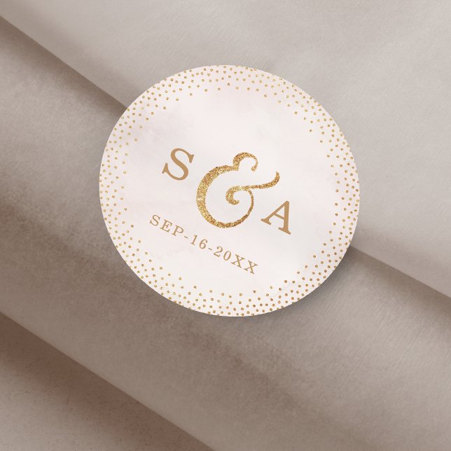 Sticker Rond Parties scintillant moderne rose or mariage  (Modern blush glitter rose gold wedding monogram classic round sticker)