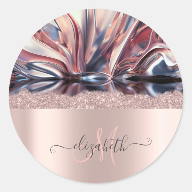 Sticker Rond Parties scintillant moderne Rose or Monogramme Abs (Devant)