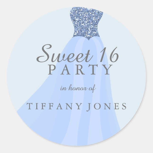 Sticker Rond Parties scintillant mousseuse bleu Gown Sweet 16 P (Devant)