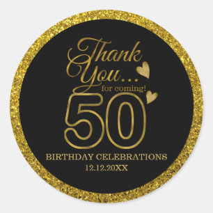 Sticker Rond Parties scintillant Noir et Or 50e Anniversaire Me
