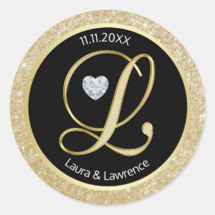 Sticker Rond Parties scintillant noire Monogramme or Mariage En