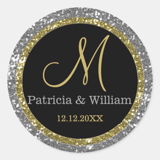 Sticker Rond Parties scintillant Or Argent Mariage Monogrammes  (Devant)
