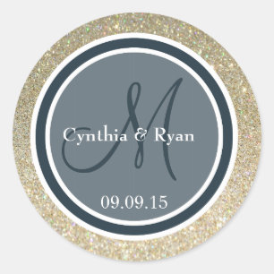Sticker Rond Parties scintillant or et Mariage bleu foncé Monog