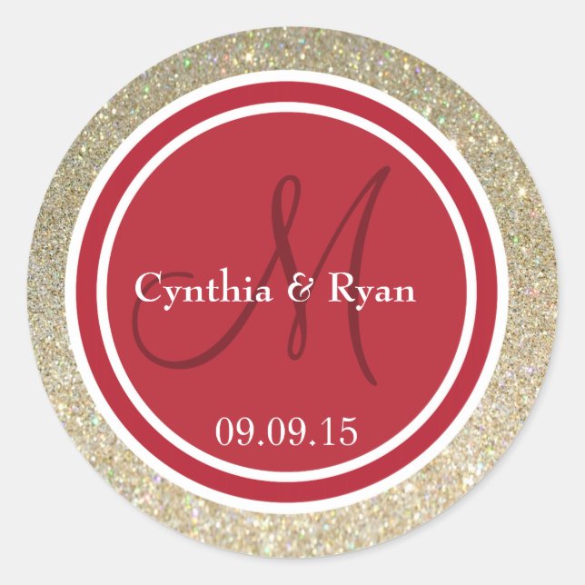 Sticker Rond Parties scintillant or et Mariage rouge Monogramme (Devant)