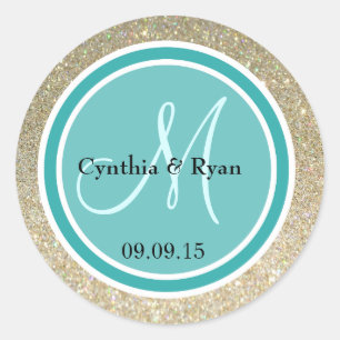 Sticker Rond Parties scintillant or et Mariage vert Turquoise M