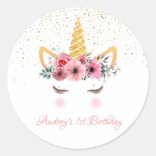 Sticker Rond Parties scintillant or   Floral Unicorn Horn Birth