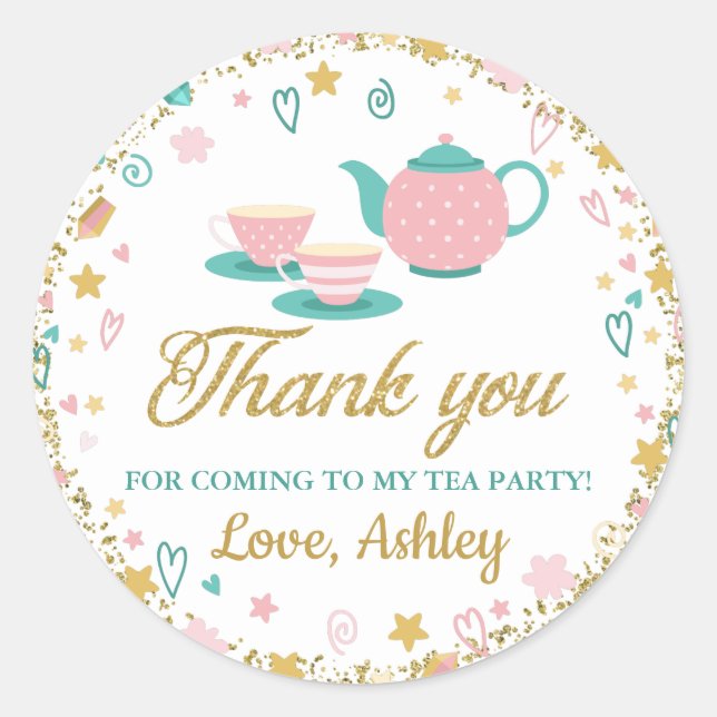 Sticker Rond Parties scintillant or rose Anniversaire Tea Party (Devant)