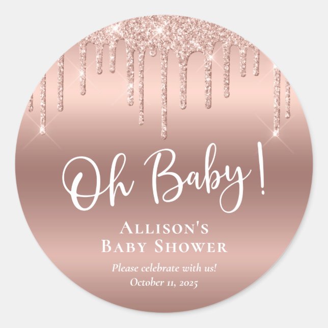 Sticker Rond Parties scintillant or Rose baby shower (Devant)