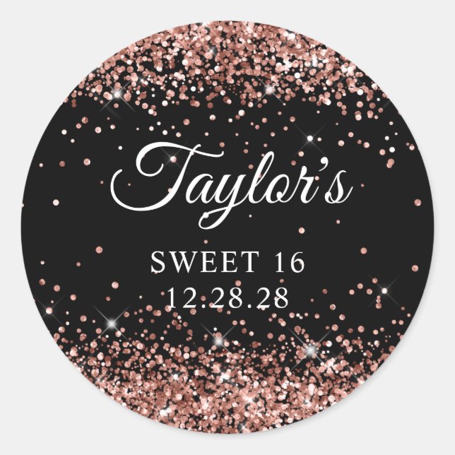 Sticker Rond Parties scintillant or rose Black Sweet 16 (Devant)